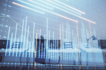 Stock and bond market graph with trading desk bank office interior on background. Multi exposure. Concept of financial analysis