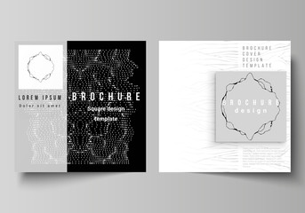 Minimal vector illustration layout of two square format covers design templates for brochure, flyer, magazine. Trendy modern science or technology background with dynamic particles. Cyberspace grid.