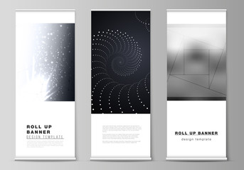 Wall Mural - The vector layout of roll up banner stands, vertical flyers, flags design business templates. 3d polygonal geometric modern design abstract background. Science or technology vector illustration.