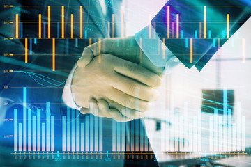 Multi exposure of financial graph on office background with two businessmen handshake. Concept of success in business