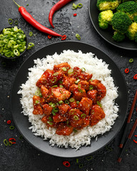 Wall Mural - Tso's chicken with rice, green onion and broccoli