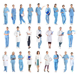 Wall Mural - Portrait of medical assistant with stethoscope on white background