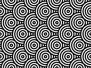 Black and white overlapping repeating circles background. Japanese style circles seamless pattern. Endless repeated texture. Modern spiral abstract geometric wavy pattern tiles. Vector illustration.
