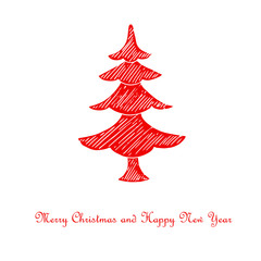 Wall Mural - Merry Christmas and Happy New Year congratulation card, tree stylised stroke red christmas tree on white art design element for web, for print