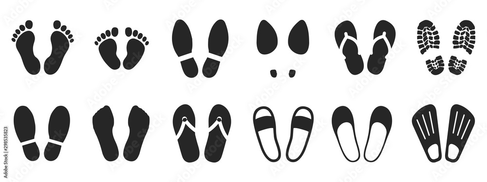 Set footprints and shoeprints icons - stock vector - obrazy, fototapety, plakaty 