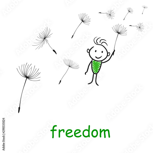 Hand drawn cartoon man flying with dandelions, freedom concept – stock vector