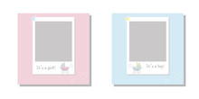 It's A Boy It's A Girl Vector Greeting Card.  Baby Announcement Card Design With Stroller. Cute Frame Border. Frames Set For Baby's Photo Album, Invitation, Note Book Or Postcard 