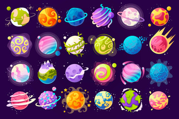 Wall Mural - vector set of cartoon planets. colorful set of isolated objects. space background. fantasy planets. 