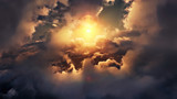 Fototapeta  - Flying through picturesque sunny cloudscape. Amazing of soft golden clouds moving in pure sunshine and the sun glowing through the clouds with beautiful rays and lens flare.
