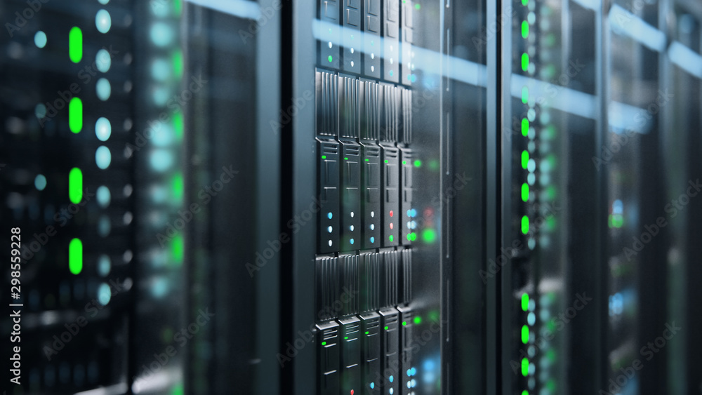 Camera slowly moving in data center showing server equipment with flickering light indicators, close up view. Seamlessly looped photorealistic 3D render animation. - obrazy, fototapety, plakaty 