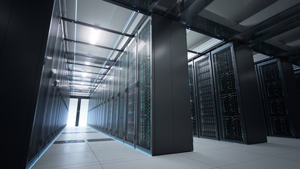 Camera moving in data center in dim light showing racks of server equipment shared by numerous passages. Seamlessly looped photorealistic 3D render animation.