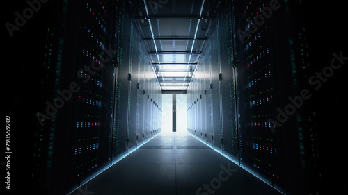 Cuadros en Lienzo Camera slowly moving along the narrow corridor in data center with server equipment on both sides, the lights gradually turning off until total darkness