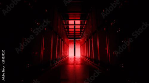 Cuadros en Lienzo Camera moving along the corridor in data center with server equipment, the lights turning off until total darkness, then red light suddenly lights up in danger