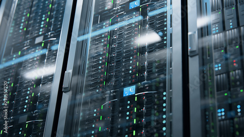 Fotomural Camera moving in data center along the racks with server equipment, close up view
