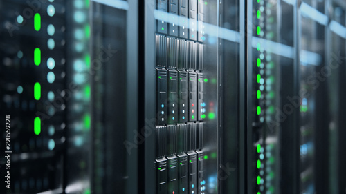 Cuadros en Lienzo Camera slowly moving in data center showing server equipment with flickering light indicators, close up view