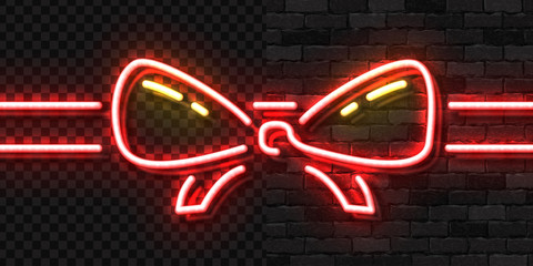 Vector realistic isolated neon sign of Red Ribbon logo for template decoration and invitation covering on the wall and transparent background. Concept of Christmas present, gift or reward.