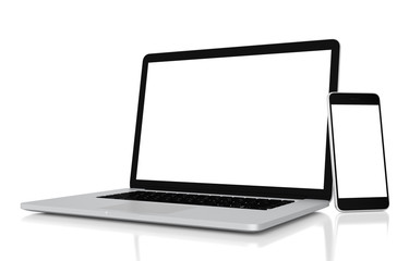 Wall Mural - Laptop and smartphone with blank screen isolated on white background, clipping path, 3d rendering