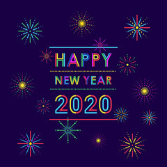 Wall Mural - Happy new year 2020 with fireworks in flat icon design on blue color background