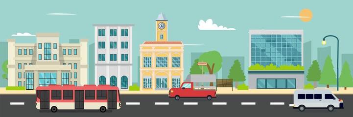 Wall Mural - City street and company buildings , minibus and van on street vector illustration, a flat style design.Business buildings and public bus stop in urban.