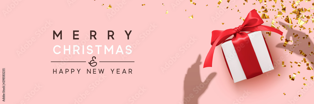 Merry Christmas and Happy New Year. Background with realistic gift box ...