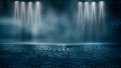 Wet asphalt, reflection of neon lights, a searchlight, smoke. Abstract light in a dark empty street with smoke, smog. Dark background scene of empty street, night view, night city.