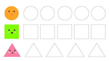 educational worksheet for kids. trace the shapes. circle, square and triangle.