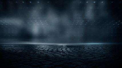 Wall Mural - wet asphalt, reflection of neon lights, a searchlight, smoke. abstract light in a dark empty street 