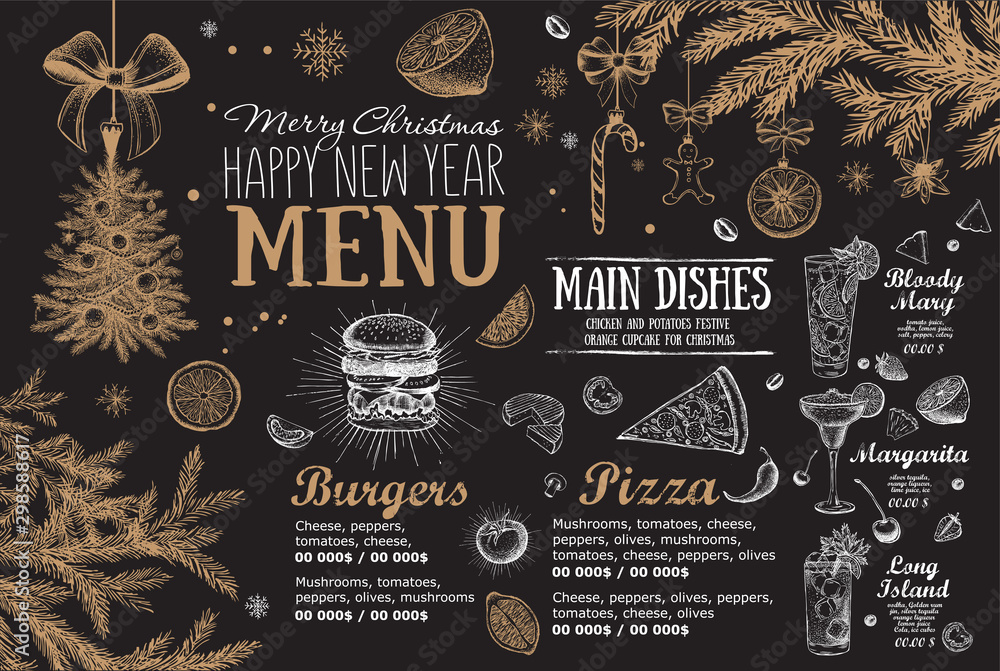 Christmas menu cafe. Food flyer. Restaurant menu. Template design. - obrazy, fototapety, plakaty 