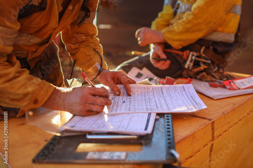 Cuadros en Lienzo Miners sign of the work permit on isolation safety control lock box after comple