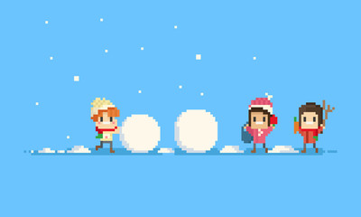 Poster - Pixel children building a snowman.Christmas.8bit.