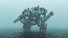 Futuristic AI Battle Droid Cyborg Mech With Glowing Lens Standing In Water In A Foggy Overcast Environment 3d Illustration 3d Render 