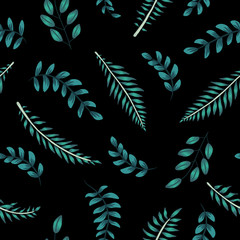 Wall Mural - Vector seamless pattern with green tropical leaves and branches on black background. Summer repeat exotic backdrop. Jungle ornament..