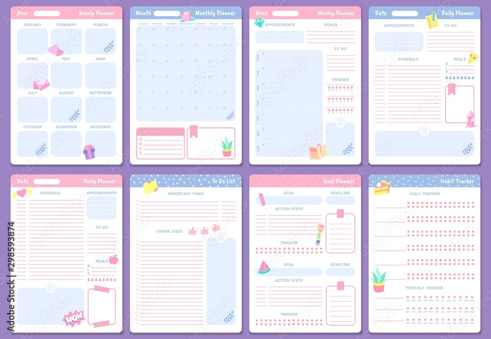 Cute planner templates. Weekly, monthly and yearly planners. To do list, goal planner and habit tracker pages design. Month organizer scrapbook schedule isolated vector icons set - obrazy, fototapety, plakaty 