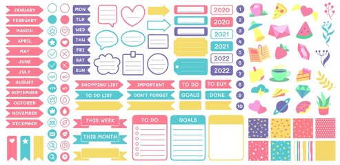 cute planner stickers. organizer tags, color patterns and calendar icons. check, planners and weekly