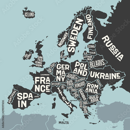 Fototapeta na szkło Europa, mapa. Plakatowa mapa Europy z nazwami krajów