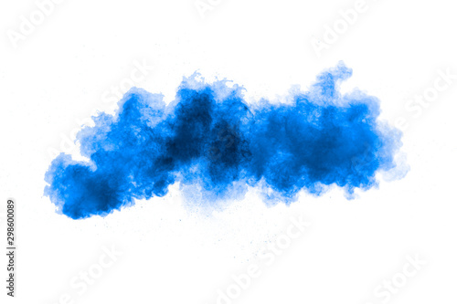 Bizarre forms of blue powder explode cloud on white background. Launched blue...