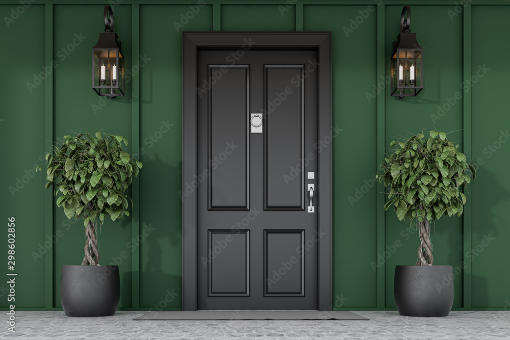 Black front door of green house with trees - obrazy, fototapety, plakaty 