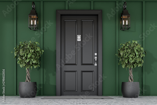 Cuadros en Lienzo Black front door of green house with trees