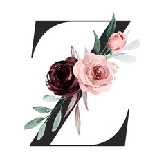 Poster - Alphabet, letter Z with watercolor flowers and leaf. Floral monogram initials perfectly for wedding invitations, greeting card, logo, poster and other design. Holiday design hand painting.