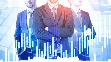 Wall Mural - Three confident managers in city, forex charts