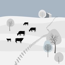 Landscape With Trees And Cows On Snow Vector Illustration.