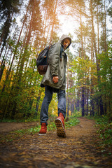 Wall Mural - A man with backpack walks in the amazing autumn forest. Hiking alone along autumn forest paths. Travel concept.