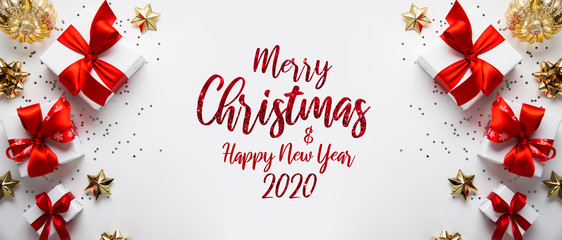 christmas and new year holiday background. xmas greeting card. christmas red ribbon gifts on white b