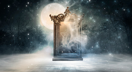 Dark fantasy landscape. Dark forest, magic mirror. Dark scene of a night landscape with a split glass. Night view, smoke, smog, neon light, moon.