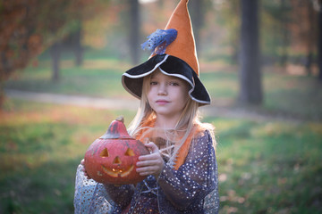  Girl in fabulous dress witch, forest, pumpkin