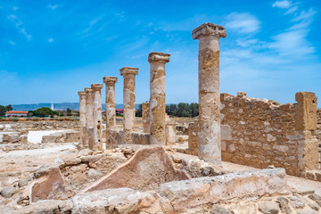 Cyprus. Archaeological park in the city of Paphos. Excavations in Cyprus. Ancient columns. The ruins of an ancient city. Sights of the city of Paphos. Mediterranean coast. Tours in Cyprus.