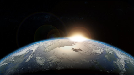 Wall Mural - 3d render of planet Earth from space with rising sun. Elements of this image by NASA.