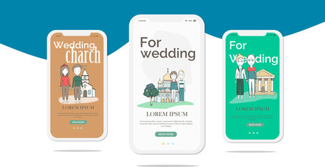Marriage on mobile app onboarding screens. Flat old and young people offer to get married on charch, wedding, honeymoon on samples. Banners for website and mobile kit development. UI UX GUI template.