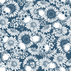 Floral skull seamless pattern. Halloween wallpaper. Daisy and skeleton background. Vector illustration