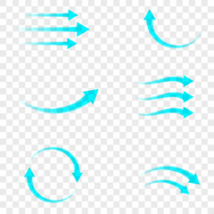 set of blue arrow showing air flow isolated on transparent background. vector design element.